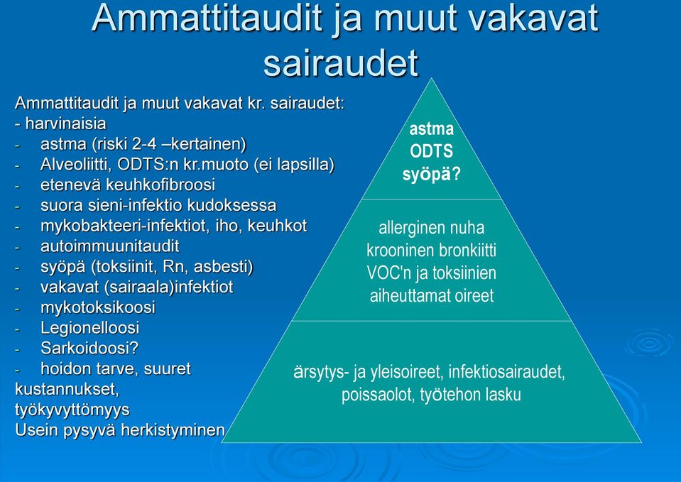 asbesti) - vakavat (sairaala)infektiot - mykotoksikoosi - Legionelloosi - Sarkoidoosi?