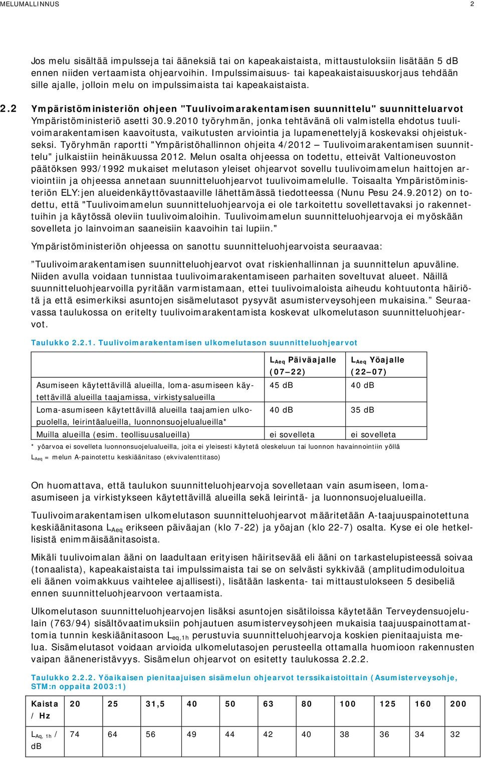 2 Ympäristöministeriön ohjeen "Tuulivoimarakentamisen suunnittelu" suunnitteluarvot Ympäristöministeriö asetti 30.9.