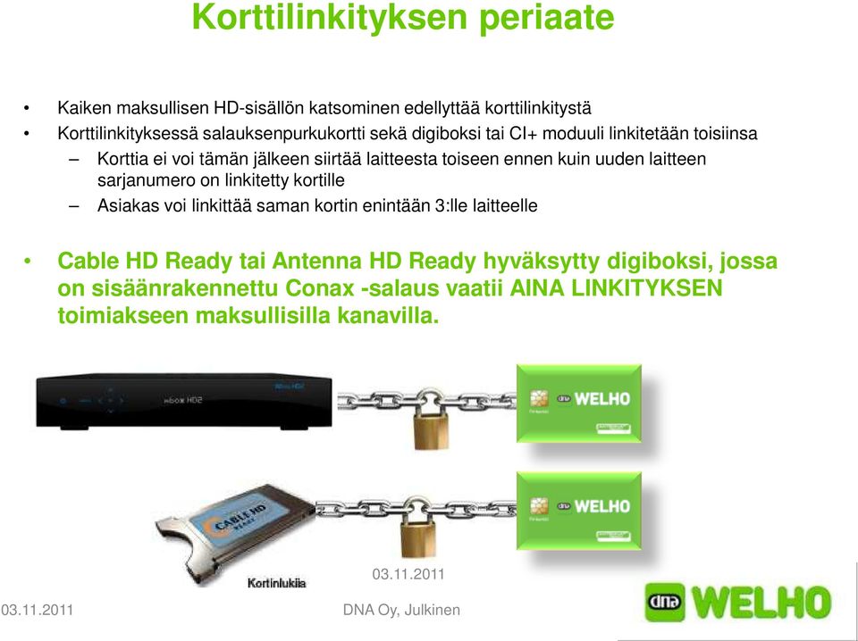 sarjanumero on linkitetty kortille Asiakas voi linkittää saman kortin enintään 3:lle laitteelle Cable Ready tai Antenna Ready hyväksytty