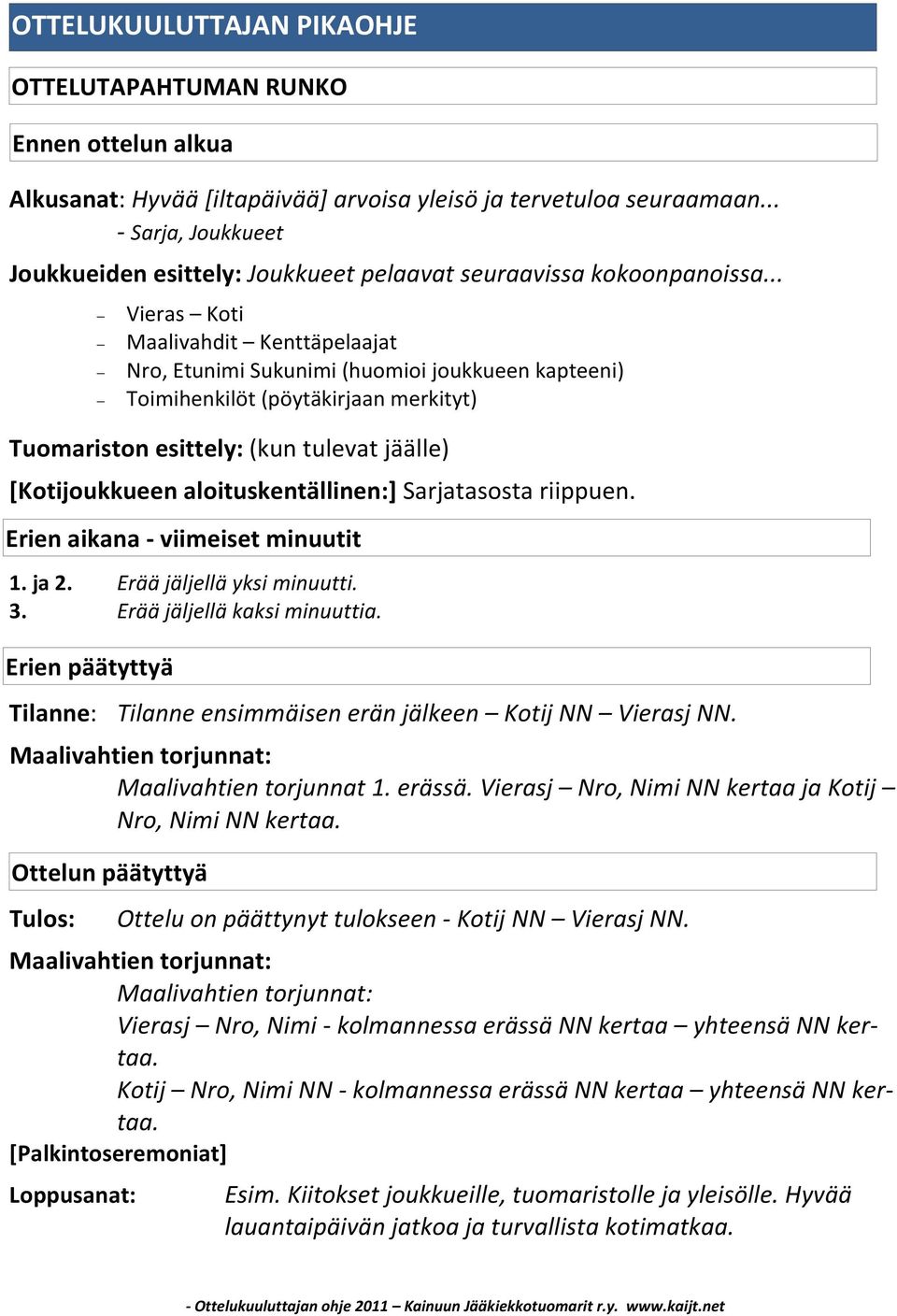 .. Vieras Koti Maalivahdit Kenttäpelaajat Nro, Etunimi Sukunimi (huomioi joukkueen kapteeni) Toimihenkilöt (pöytäkirjaan merkityt) Tuomariston esittely (kun tulevat jäälle) [Kotijoukkueen