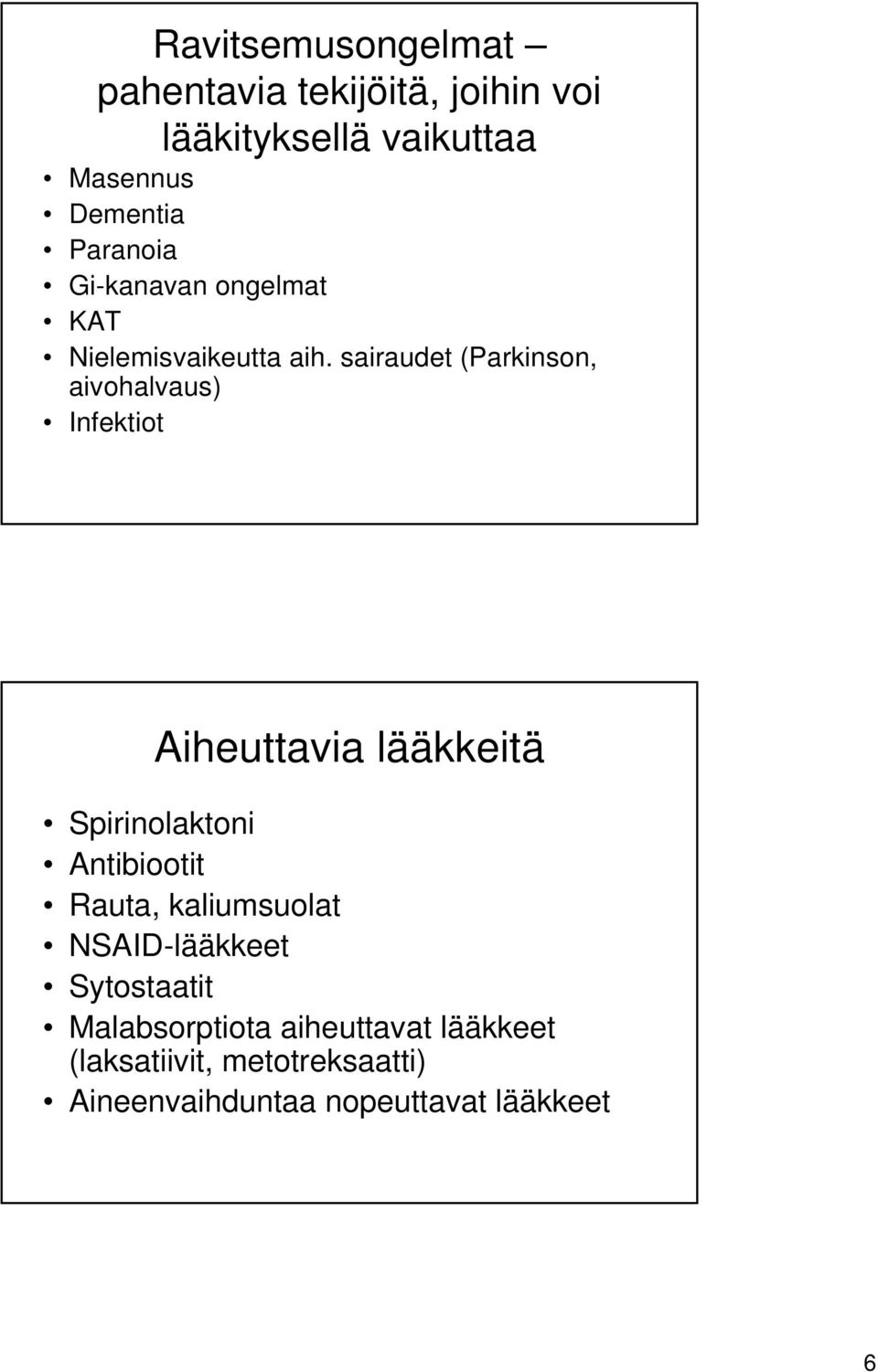 sairaudet (Parkinson, aivohalvaus) Infektiot Aiheuttavia lääkkeitä Spirinolaktoni Antibiootit