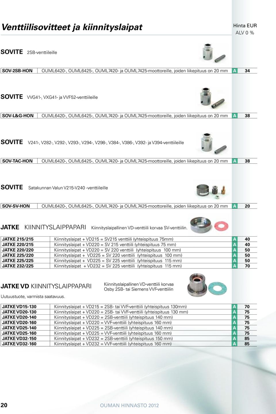 V394-venttiileille SOV-TAC-HON OUML6420-, OUML6425-, OUML7420- ja OUML7425-moottoreille, joiden liikepituus on 20 mm A 38 sovite Satakunnan Valun V215-V240 -venttiileille SOV-SV-HON OUML6420-,
