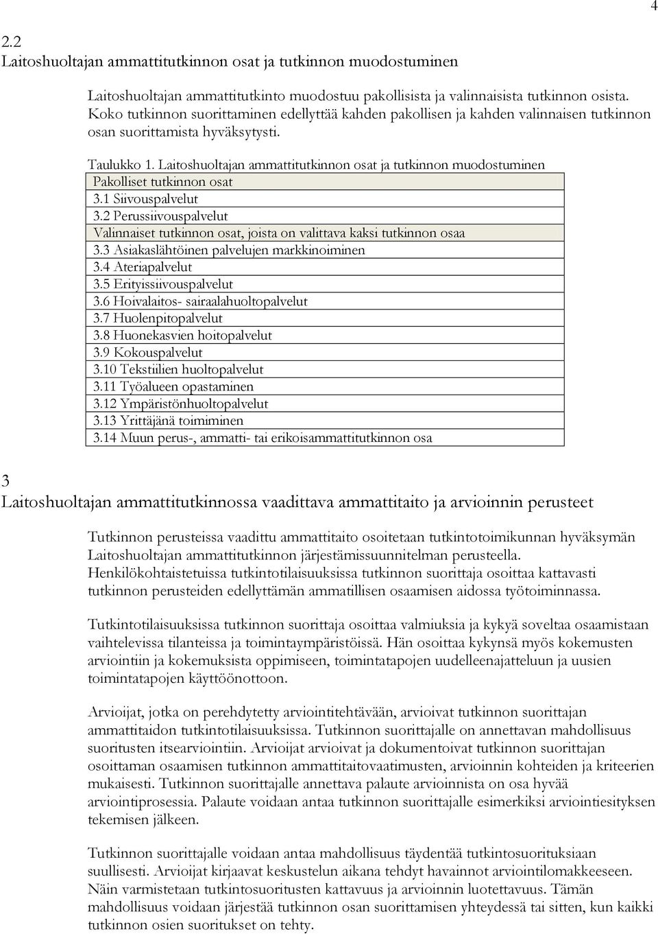 Laitoshuoltajan ammattitutkinnon osat ja tutkinnon muodostuminen Pakolliset tutkinnon osat 3.1 Siivouspalvelut 3.
