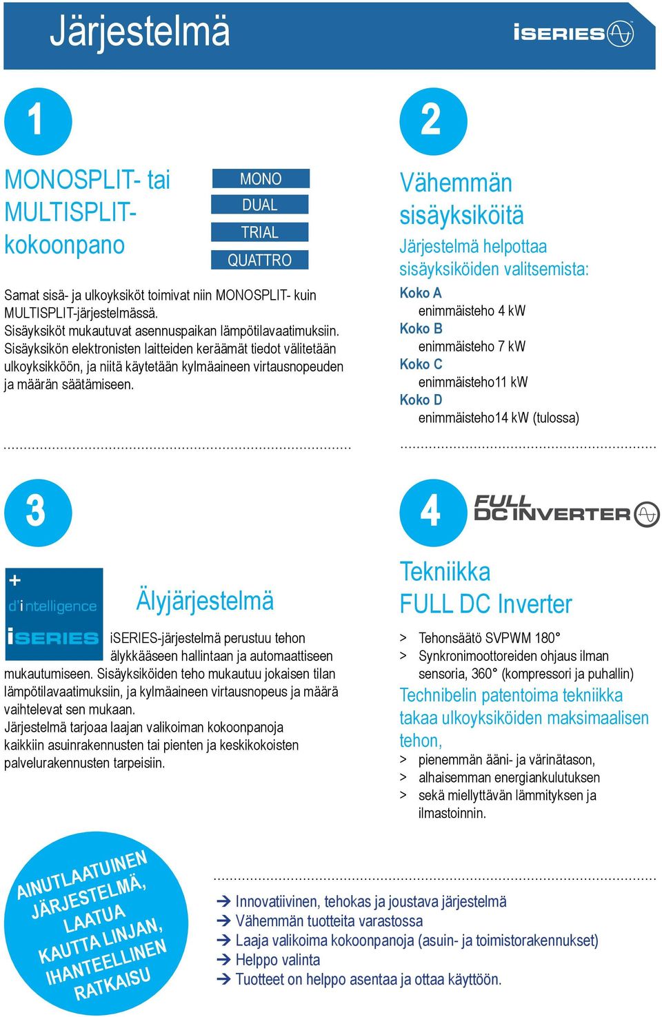 Vähemmän sisäyksiköitä Järjestelmä helpottaa sisäyksiköiden valitsemista: Koko A enimmäisteho 4 kw Koko B enimmäisteho 7 kw Koko C enimmäisteho11 kw Koko D enimmäisteho14 kw (tulossa) 3 4 + d i