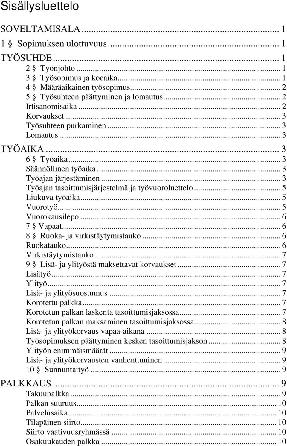 .. 3 Työajan tasoittumisjärjestelmä ja työvuoroluettelo... 5 Liukuva työaika... 5 Vuorotyö... 5 Vuorokausilepo... 6 7 Vapaat... 6 8 Ruoka- ja virkistäytymistauko... 6 Ruokatauko.