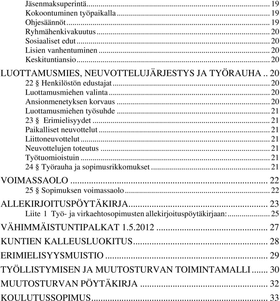 .. 21 Paikalliset neuvottelut... 21 Liittoneuvottelut... 21 Neuvottelujen toteutus... 21 Työtuomioistuin... 21 24 Työrauha ja sopimusrikkomukset... 21 VOIMASSAOLO... 22 25 Sopimuksen voimassaolo.