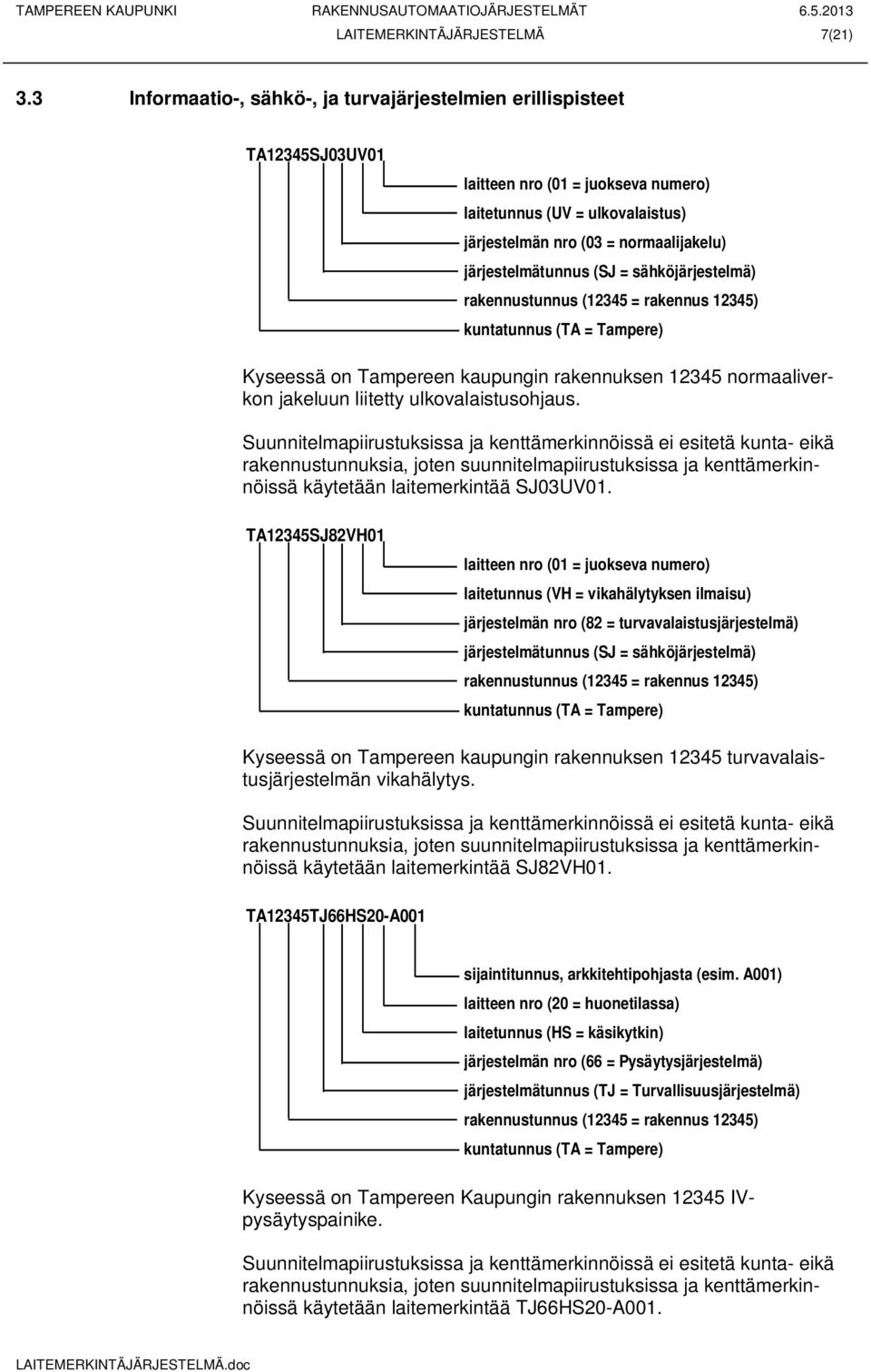 järjestelmätunnus (SJ = sähköjärjestelmä) rakennustunnus (12345 = rakennus 12345) kuntatunnus (TA = Tampere) Kyseessä on Tampereen kaupungin rakennuksen 12345 normaaliverkon jakeluun liitetty