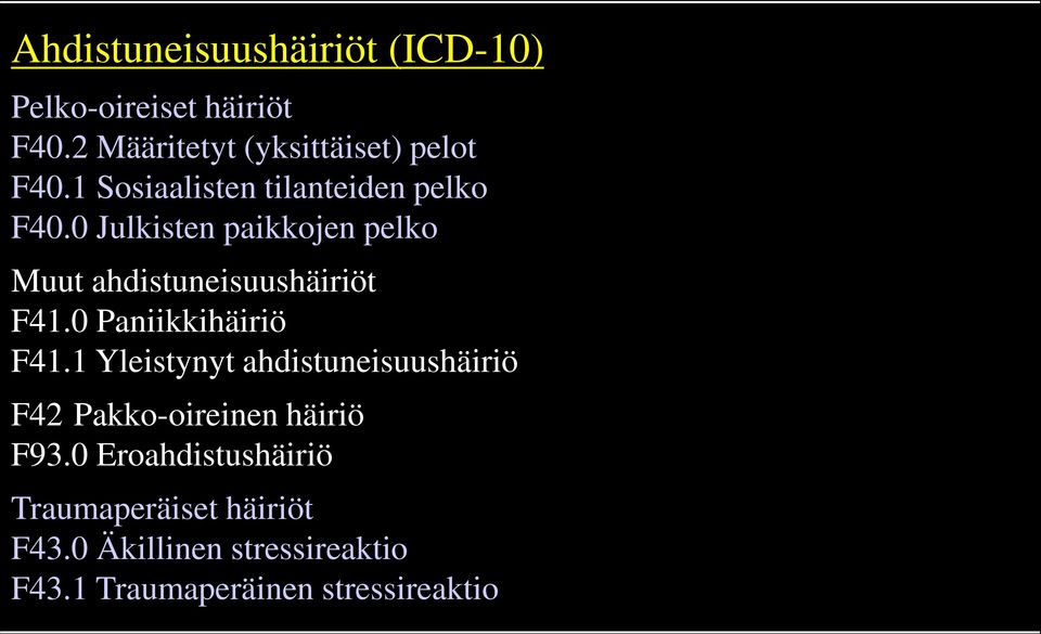 0 Paniikkihäiriö F41.1 Yleistynyt ahdistuneisuushäiriö F42 Pakko-oireinen häiriö F93.