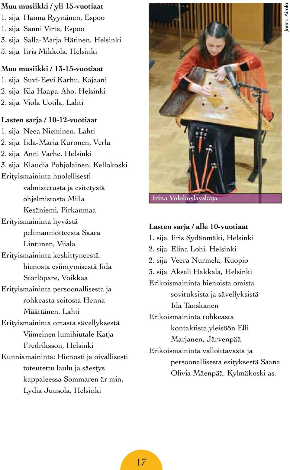 sija Neea Nieminen, Lahti 2. sija Iida-Maria Kuronen, Verla 2. sija Anni Varhe, Helsinki 3.