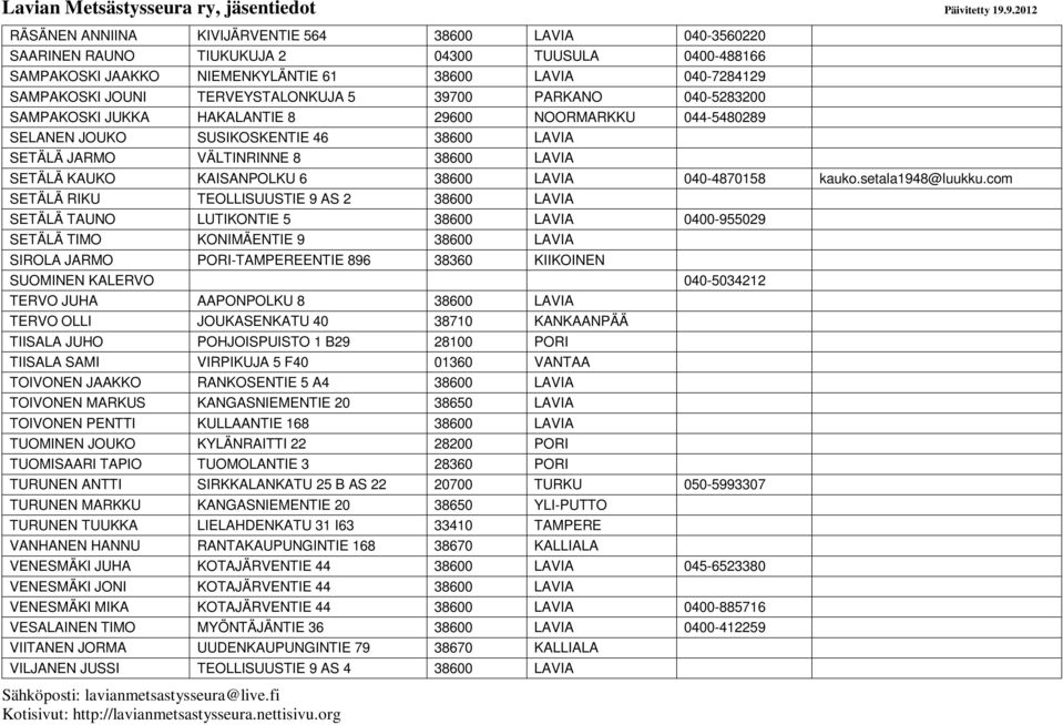 KAISANPOLKU 6 38600 LAVIA 040-4870158 kauko.setala1948@luukku.