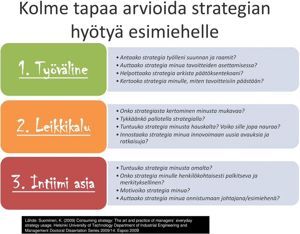 Tuntuuko strategia minusta hauskalta? Voiko sille jopa nauraa? Innostaako strategia minua innovoimaan uusia avauksia ja ratkaisuja? 3. Intiimi asia Tuntuuko strategia minusta omalta?