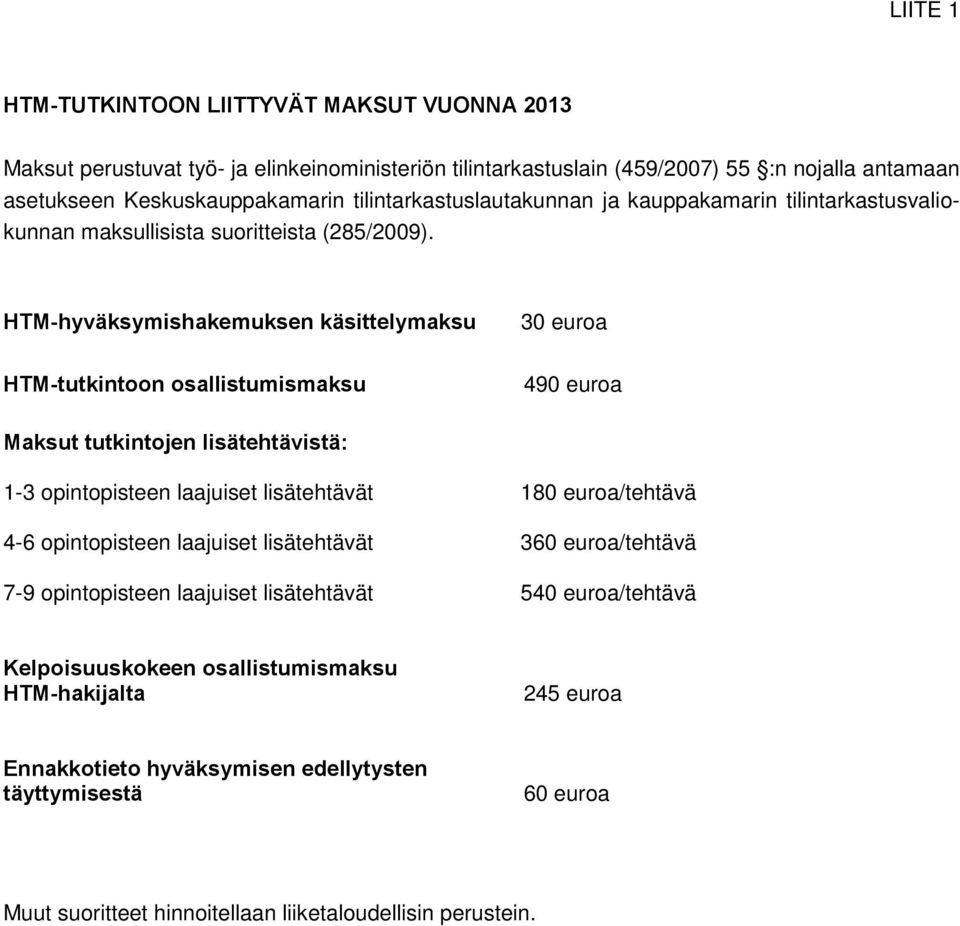 HTM-hyväksymishakemuksen käsittelymaksu 30 euroa HTM-tutkintoon osallistumismaksu 490 euroa Maksut tutkintojen lisätehtävistä: 1-3 opintopisteen laajuiset lisätehtävät 180 euroa/tehtävä 4-6