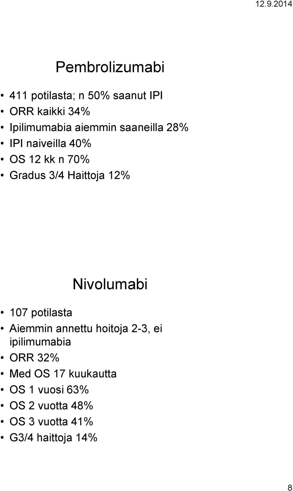 107 potilasta Nivolumabi Aiemmin annettu hoitoja 2-3, ei ipilimumabia ORR 32%