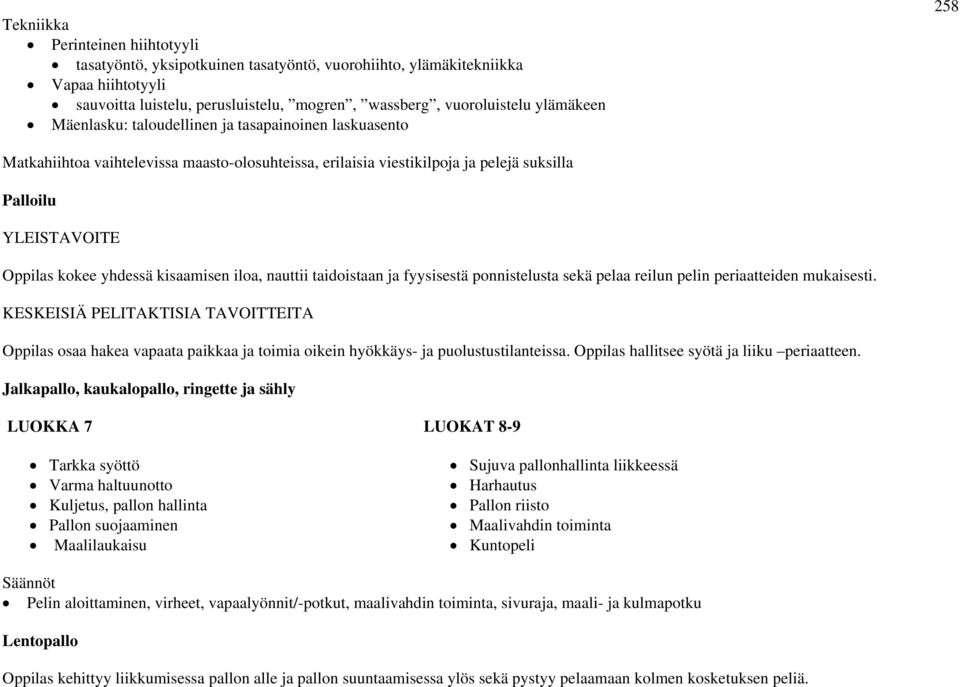 kisaamisen iloa, nauttii taidoistaan ja fyysisestä ponnistelusta sekä pelaa reilun pelin periaatteiden mukaisesti.