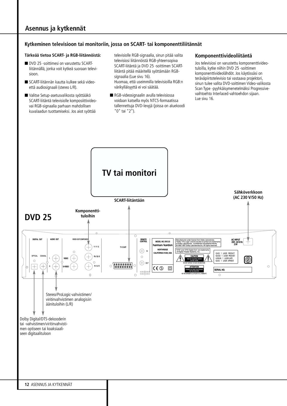 Valitse Setup-asetusvalikosta syöttääkö SCART-liitäntä televisiolle komposiittivideovai RGB-signaalia parhaan mahdollisen kuvalaadun tuottamiseksi.