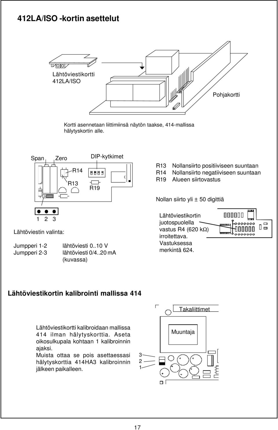 Jumpperi 1-2 Jumpperi 2-3 lähtöviesti 0..10 V lähtöviesti 0/4..20 ma (kuvassa) Lähtöviestikortin juotospuolella vastus R4 (620 kω) irroitettava. Vastuksessa merkintä 624.