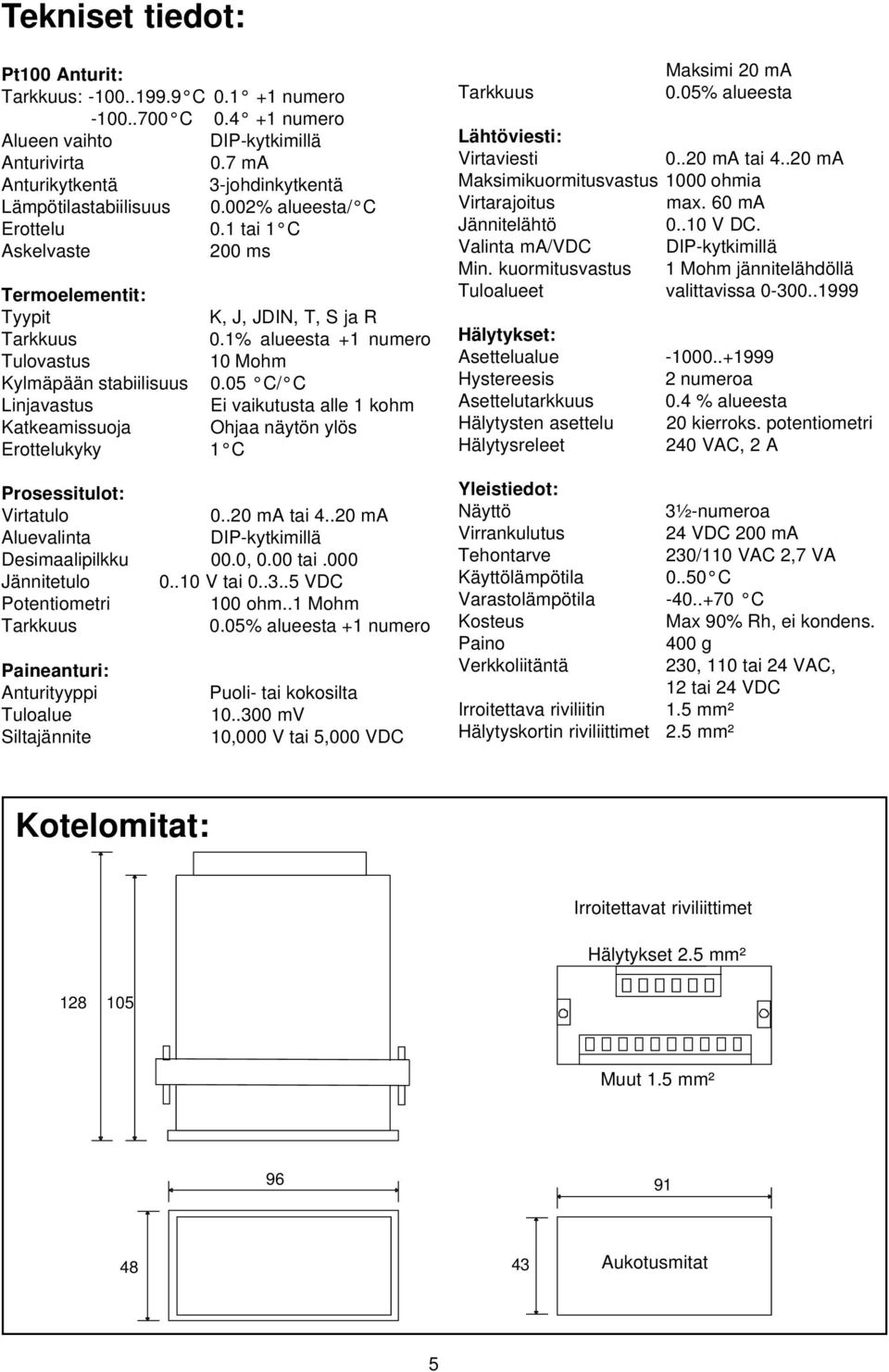 05 C/ C Linjavastus Ei vaikutusta alle 1 kohm Katkeamissuoja Ohjaa näytön ylös Erottelukyky 1 C Prosessitulot: Virtatulo 0..20 ma tai 4..20 ma Aluevalinta DIP-kytkimillä Desimaalipilkku 00.0, 0.