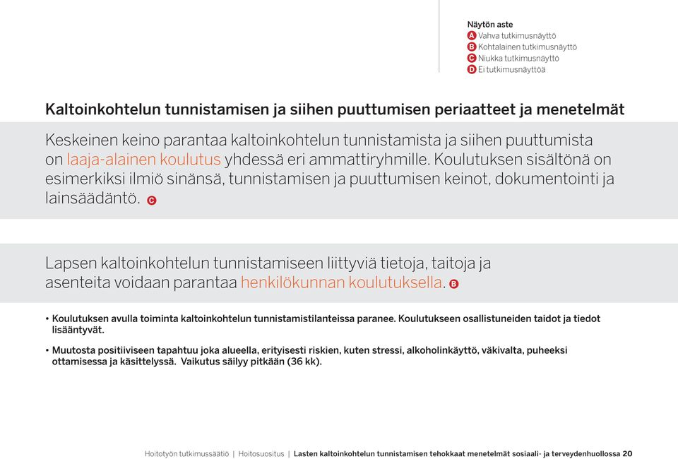 Lapsen kaltoinkohtelun tunnistamiseen liittyviä tietoja, taitoja ja asenteita voidaan parantaa henkilökunnan koulutuksella. Koulutuksen avulla toiminta kaltoinkohtelun tunnistamistilanteissa paranee.