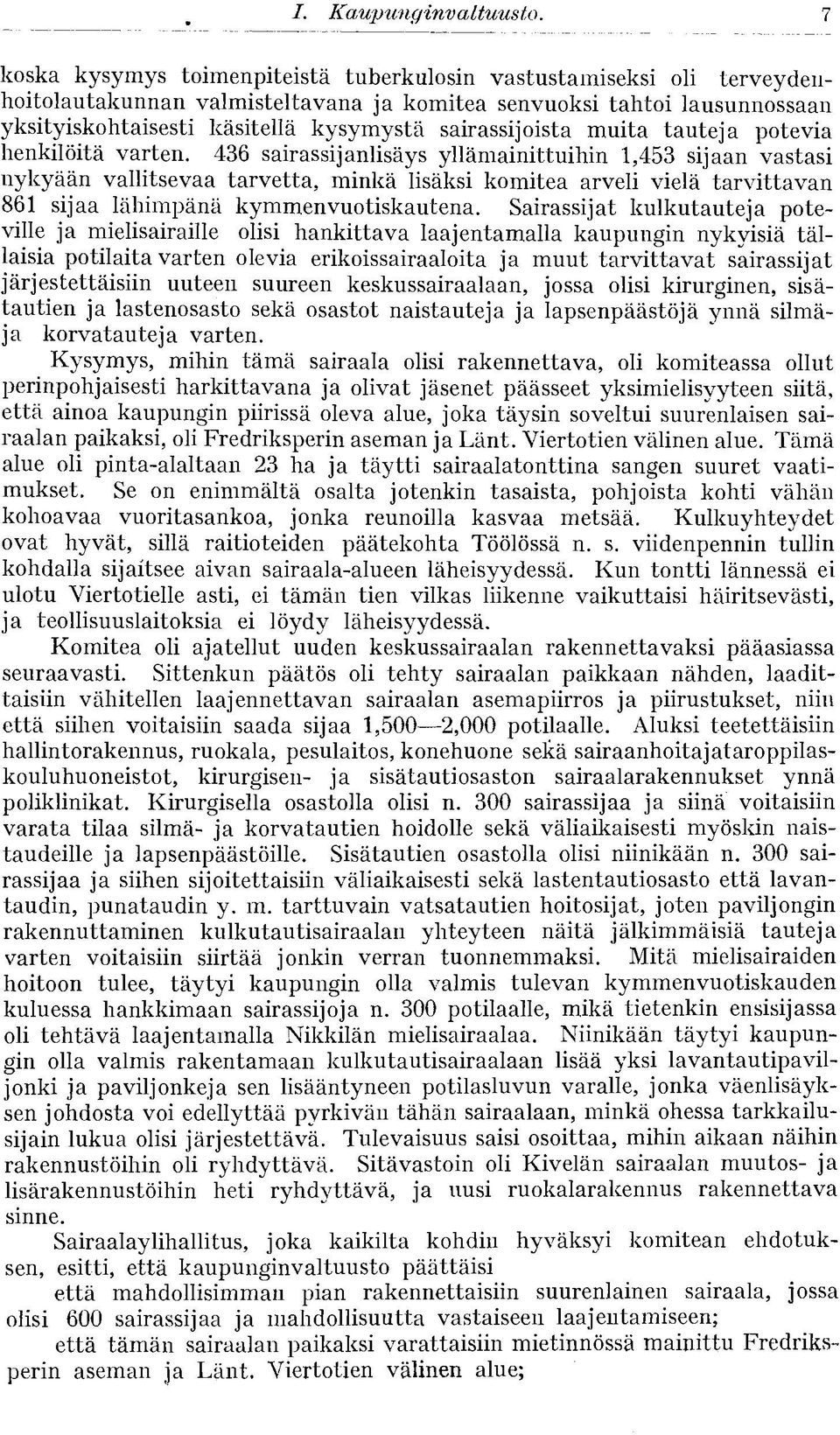 436 sairassijanlisäys yllämainittuihin 1,453 sijaan vastasi nykyään vallitsevaa tarvetta, minkä lisäksi komitea arveli vielä tarvittavan 861 sijaa lähimpänä kymmenvuotiskautena.