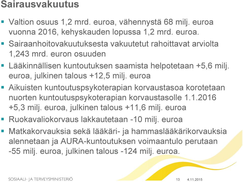 euroa Aikuisten kuntoutuspsykoterapian korvaustasoa korotetaan nuorten kuntoutuspsykoterapian korvaustasolle 1.1.2016 +5,3 milj. euroa, julkinen talous +11,6 milj.