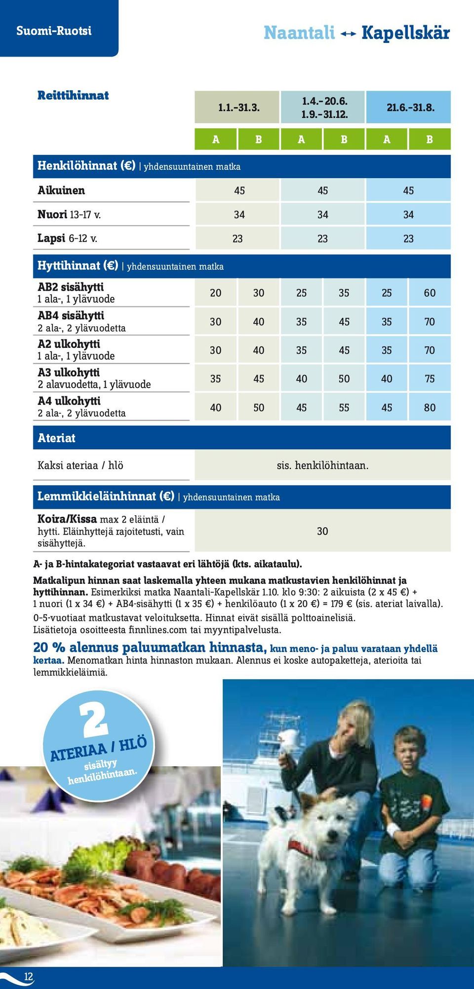 70 A3 ulkohytti 2 alavuodetta, 1 ylävuode 35 45 40 50 40 75 A4 ulkohytti 2 ala-, 2 ylävuodetta 40 50 45 55 45 80 Ateriat Kaksi ateriaa / hlö sis. henkilöhintaan.