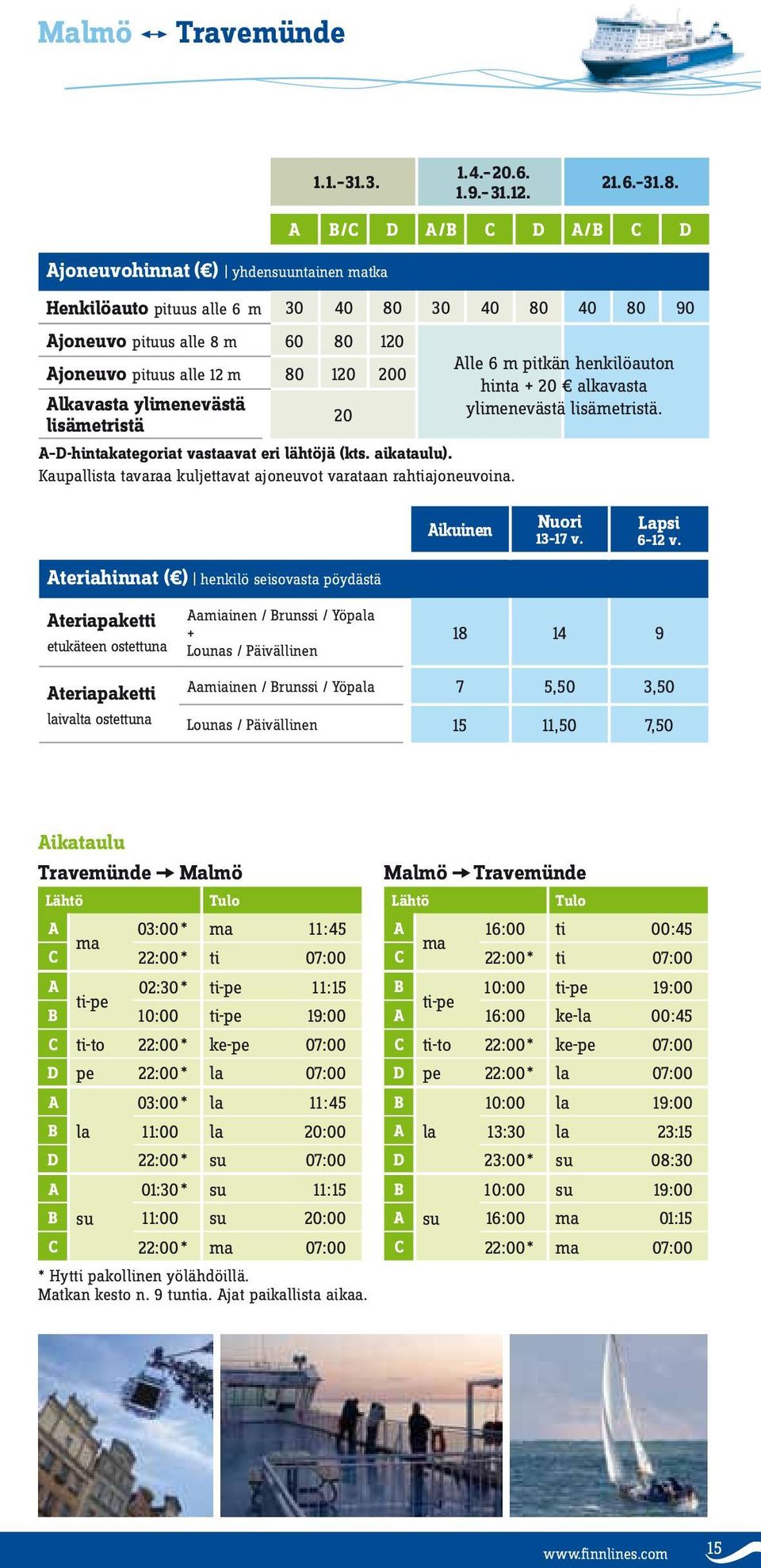 Alkavasta ylimenevästä lisämetristä A D-hintakategoriat vastaavat eri lähtöjä (kts. aikataulu). Kaupallista tavaraa kuljettavat ajoneuvot varataan rahtiajoneuvoina.