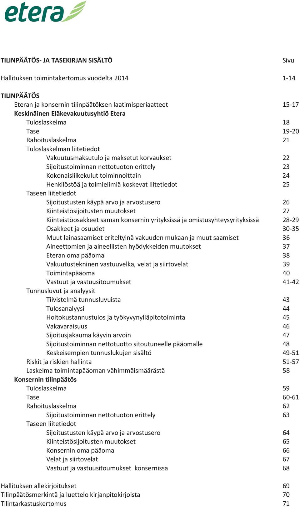 Henkilöstöä ja toimielimiä koskevat liitetiedot 25 Taseen liitetiedot Sijoitustusten käypä arvo ja arvostusero 26 Kiinteistösijoitusten muutokset 27 Kiinteistöosakkeet saman konsernin yrityksissä ja