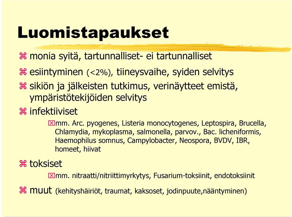 pyogenes, Listeria monocytogenes, Leptospira, Brucella, Chlamydia, mykoplasma, salmonella, parvov., Bac.