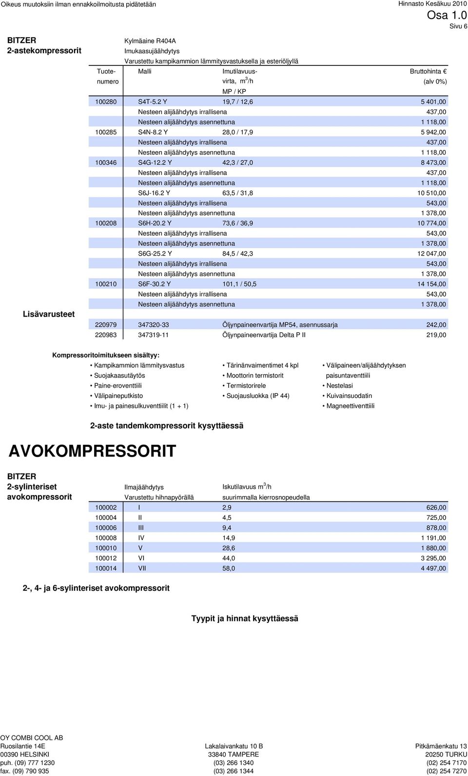 /h (alv 0%) MP / KP 100280 S4T-5.2 Y 19,7 / 12,6 5 401,00 Nesteen alijäähdytys irrallisena 437,00 Nesteen alijäähdytys asennettuna 1 118,00 100285 S4N-8.