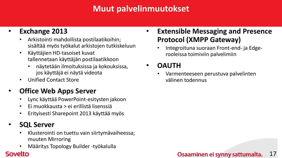 muokkausta > ei erillistä lisenssiä Erityisesti Sharepoint 2013 käyttää myös SQL Server Klusterointi on tuettu vain siirtymävaiheessa; muuten Mirroring Määritys Topology Builder