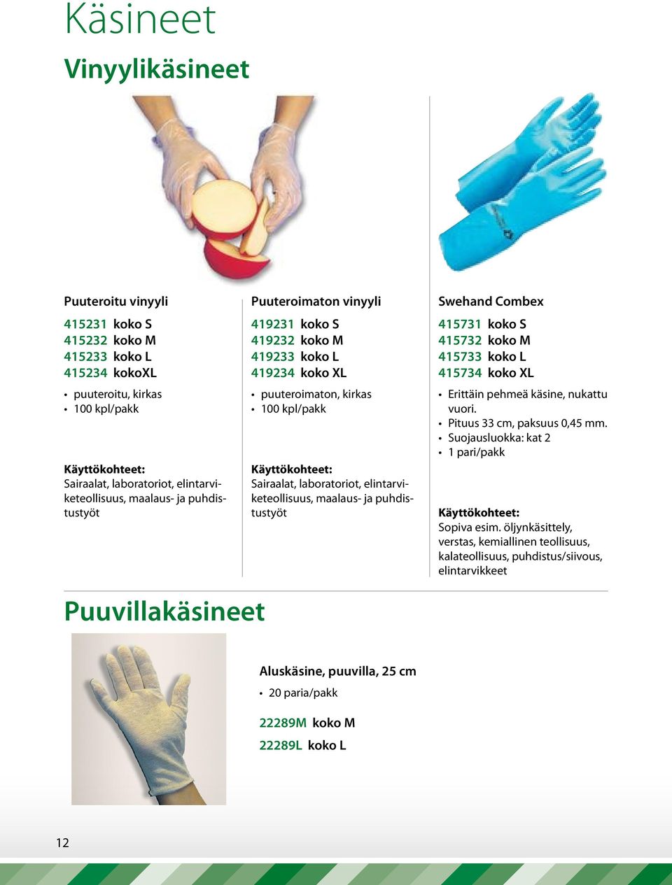 elintarviketeollisuus, maalaus- ja puhdistustyöt Swehand Combex 415731 koko S 415732 koko M 415733 koko L 415734 koko XL Erittäin pehmeä käsine, nukattu vuori. Pituus 33 cm, paksuus 0,45 mm.