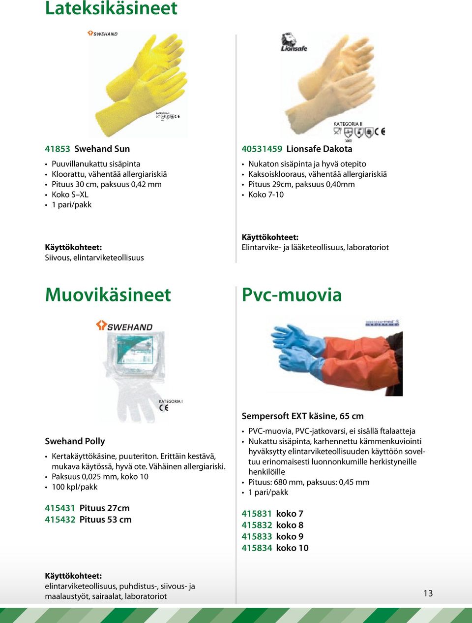 Muovikäsineet Pvc-muovia Swehand Polly Kertakäyttökäsine, puuteriton. Erittäin kestävä, mukava käytössä, hyvä ote. Vähäinen allergiariski.