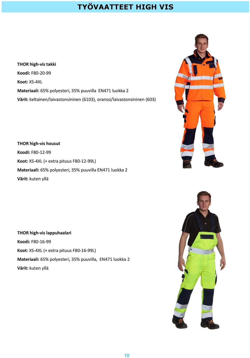 extra pituus F80-12-99L) Materiaali: 65% polyesteri, 35% puuvilla EN471 luokka 2 Värit: kuten yllä THOR high-vis lappuhaalari