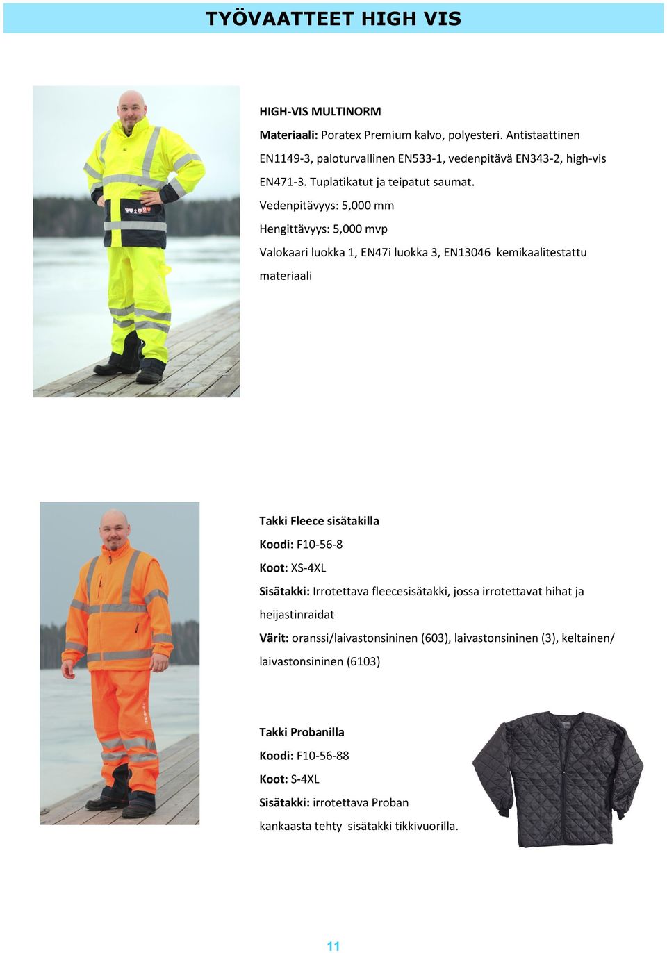Vedenpitävyys: 5,000 mm Hengittävyys: 5,000 mvp Valokaari luokka 1, EN47i luokka 3, EN13046 kemikaalitestattu materiaali Takki Fleece sisätakilla Koodi: F10-56-8 Koot: