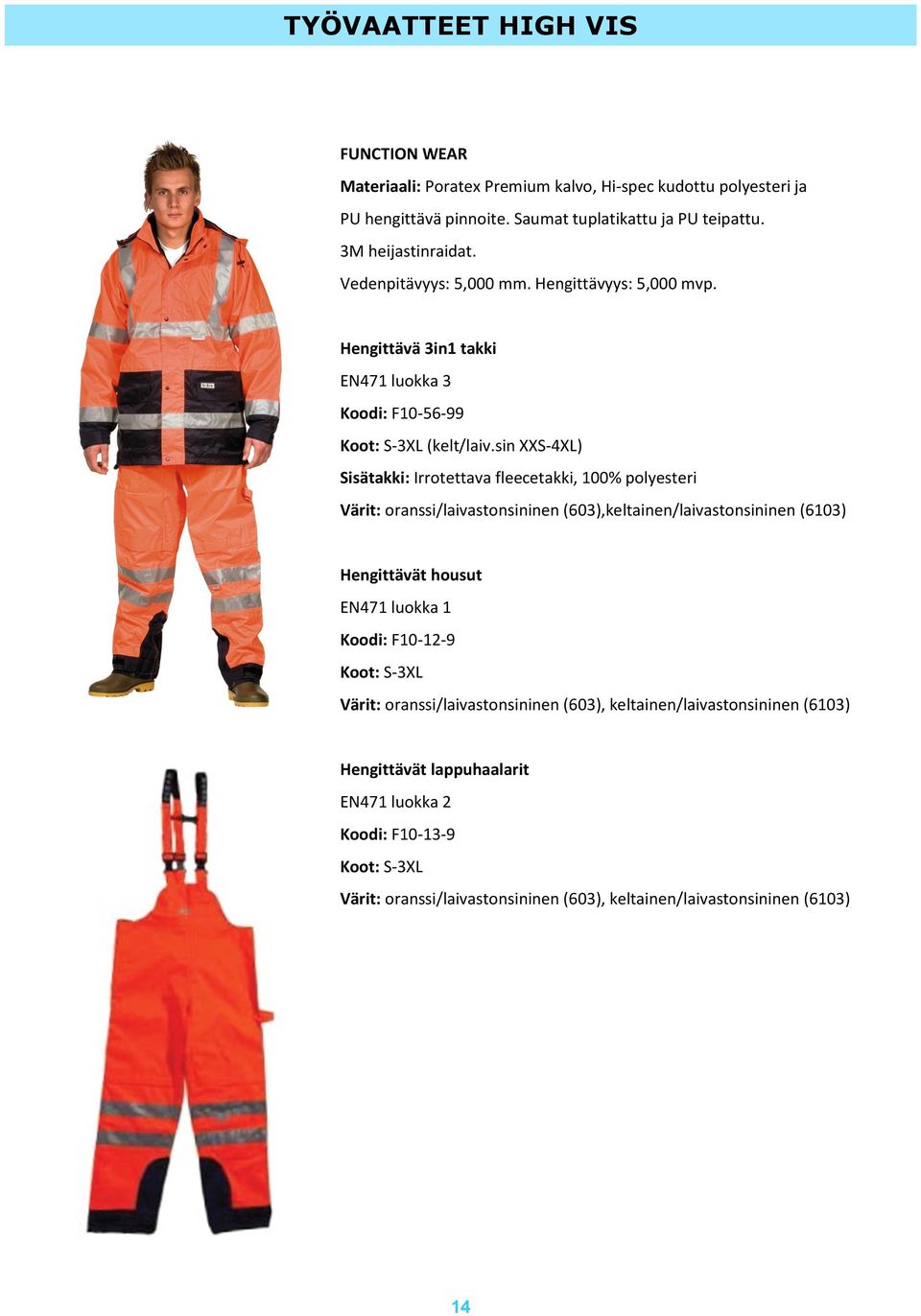 sin XXS-4XL) Sisätakki: Irrotettava fleecetakki, 100% polyesteri Värit: oranssi/laivastonsininen (603),keltainen/laivastonsininen (6103) Hengittävät housut EN471 luokka 1 Koodi: