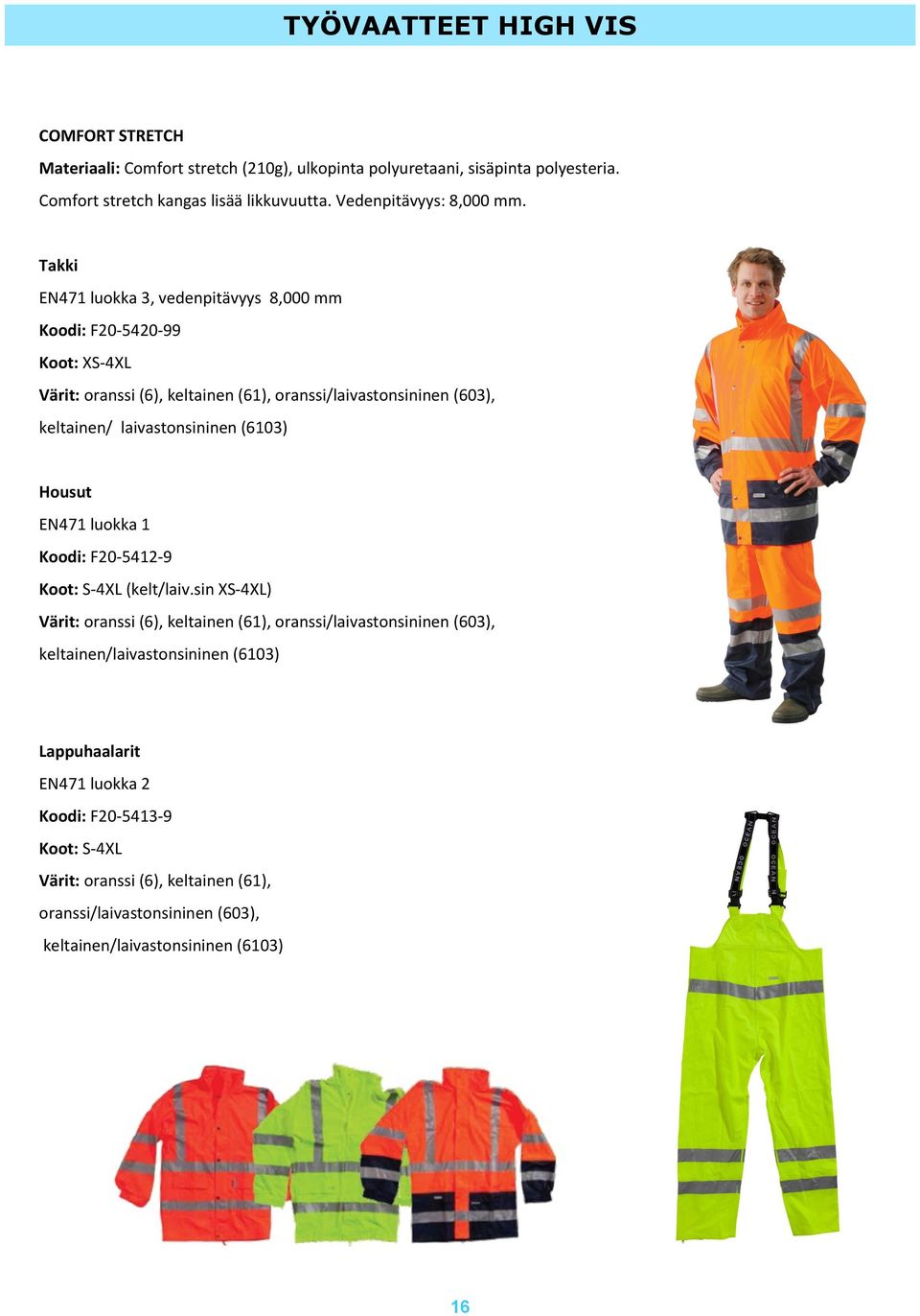 Takki EN471 luokka 3, vedenpitävyys 8,000 mm Koodi: F20-5420-99 Koot: XS-4XL Värit: oranssi (6), keltainen (61), oranssi/laivastonsininen (603), keltainen/