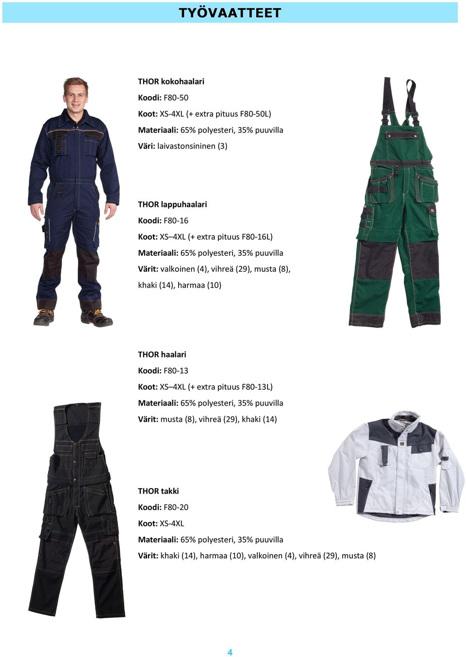khaki (14), harmaa (10) THOR haalari Koodi: F80-13 Koot: XS 4XL (+ extra pituus F80-13L) Materiaali: 65% polyesteri, 35% puuvilla Värit: musta (8), vihreä
