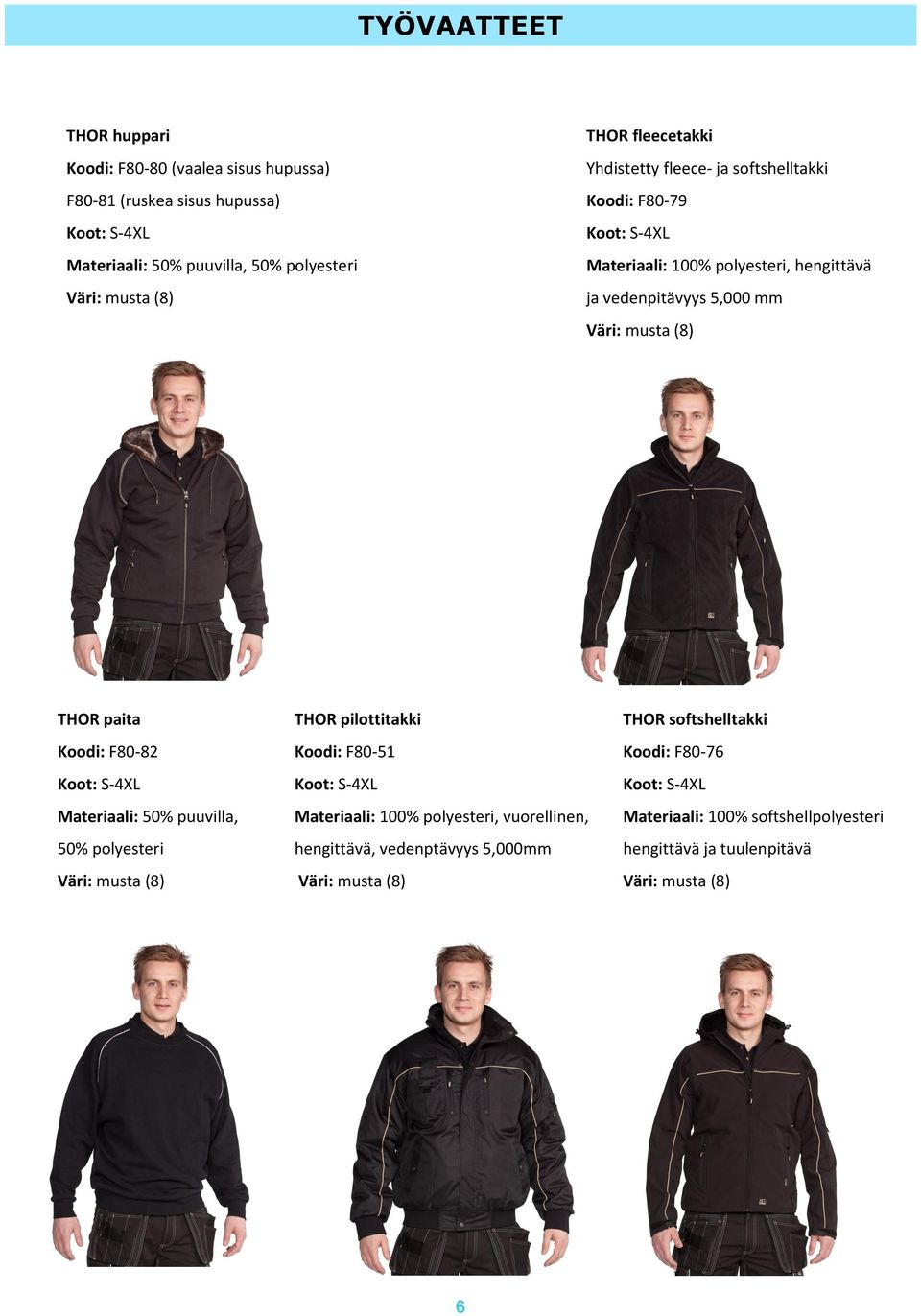 THOR paita Koodi: F80-82 Materiaali: 50% puuvilla, 50% polyesteri THOR pilottitakki Koodi: F80-51 Materiaali: 100% polyesteri,