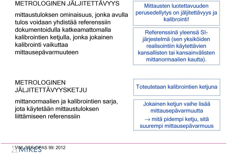 Referenssinä yleensä SIjärjestelmä (sen yksiköiden realisointiin käytettävien kansallisten tai kansainvälisten mittanormaalien kautta).