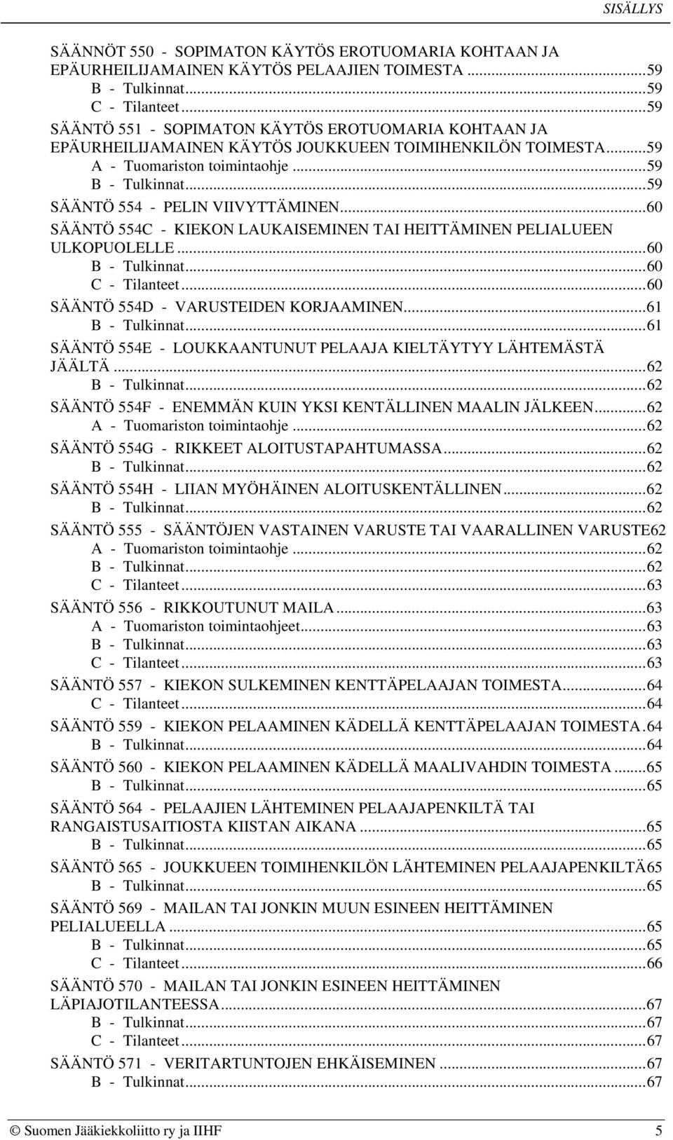 ..60 SÄÄNTÖ 554C - KIEKON LAUKAISEMINEN TAI HEITTÄMINEN PELIALUEEN ULKOPUOLELLE...60...60...60 SÄÄNTÖ 554D - VARUSTEIDEN KORJAAMINEN...61.