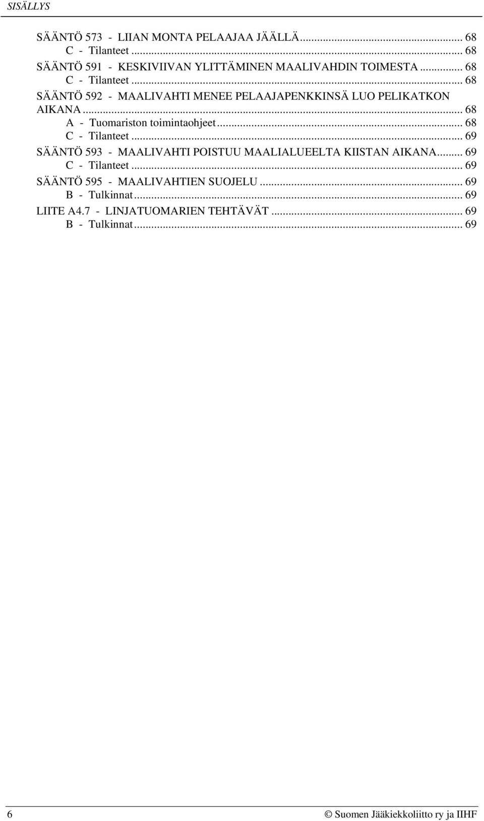 .. 68 A - Tuomariston toimintaohjeet... 68... 69 SÄÄNTÖ 593 - MAALIVAHTI POISTUU MAALIALUEELTA KIISTAN AIKANA... 69... 69 SÄÄNTÖ 595 - MAALIVAHTIEN SUOJELU.