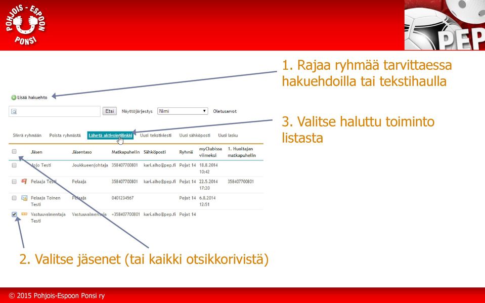 Valitse haluttu toiminto listasta Jäsenten