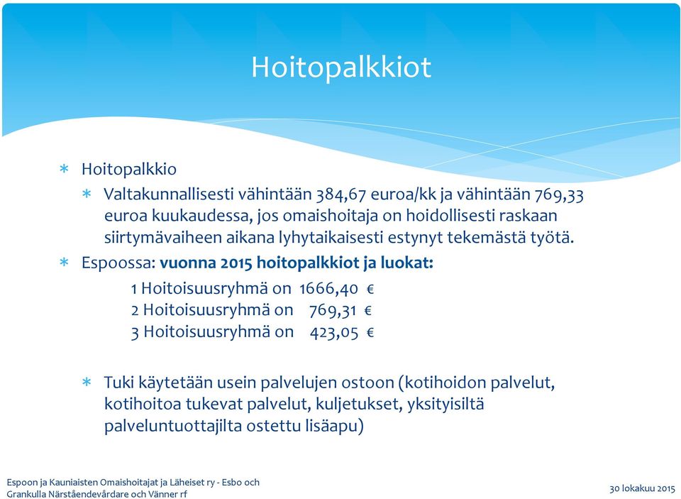 Espoossa: vuonna 2015 hoitopalkkiot ja luokat: 1 Hoitoisuusryhmä on 1666,40 2 Hoitoisuusryhmä on 769,31 3 Hoitoisuusryhmä on