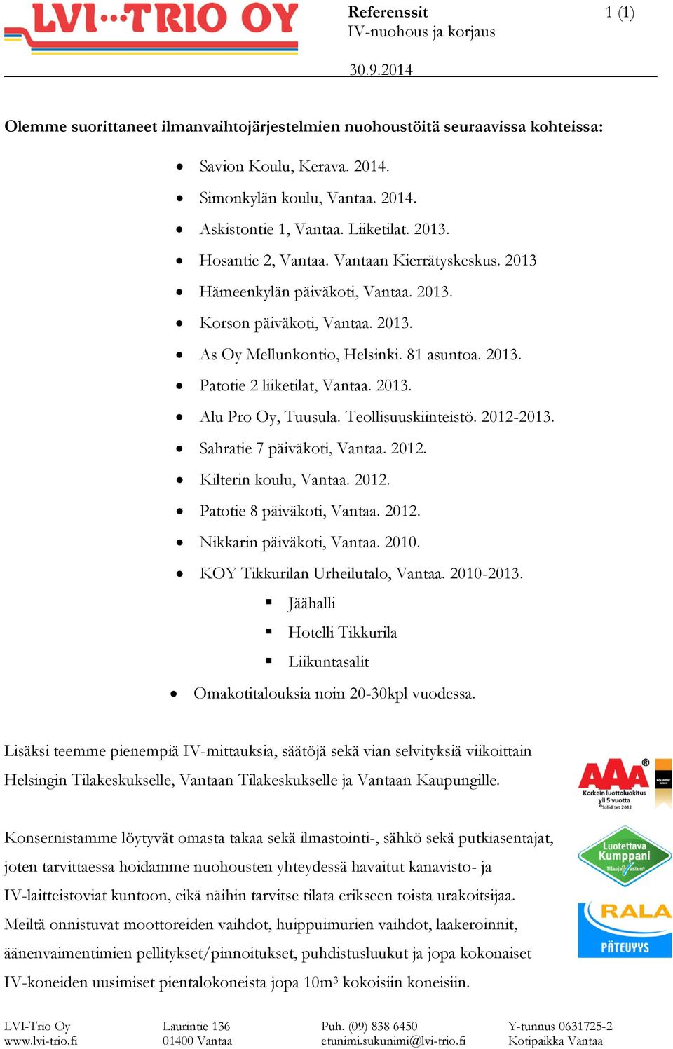 2013. Alu Pro Oy, Tuusula. Teollisuuskiinteistö. 2012-2013. Sahratie 7 päiväkoti, Vantaa. 2012. Kilterin koulu, Vantaa. 2012. Patotie 8 päiväkoti, Vantaa. 2012. Nikkarin päiväkoti, Vantaa. 2010.