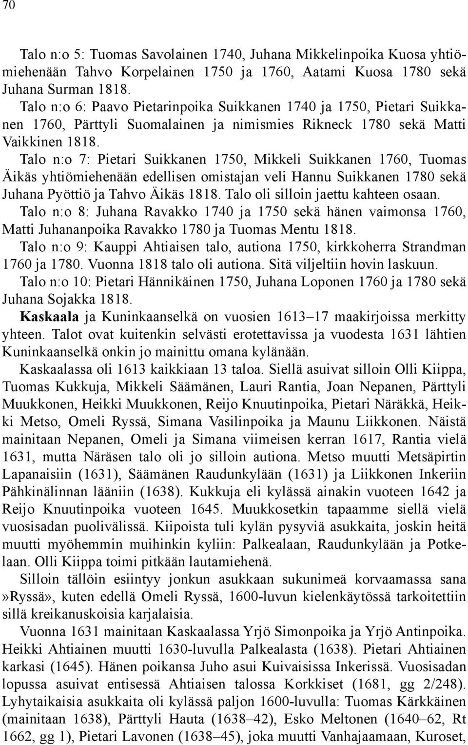 Talo n:o 7: Pietari Suikkanen 1750, Mikkeli Suikkanen 1760, Tuomas Äikäs yhtiömiehenään edellisen omistajan veli Hannu Suikkanen 1780 sekä Juhana Pyöttiö ja Tahvo Äikäs 1818.