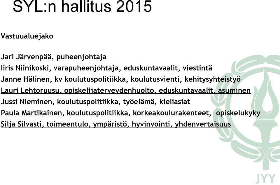 opiskelijaterveydenhuolto, eduskuntavaalit, asuminen Jussi Nieminen, koulutuspolitiikka, työelämä, kieliasiat Paula