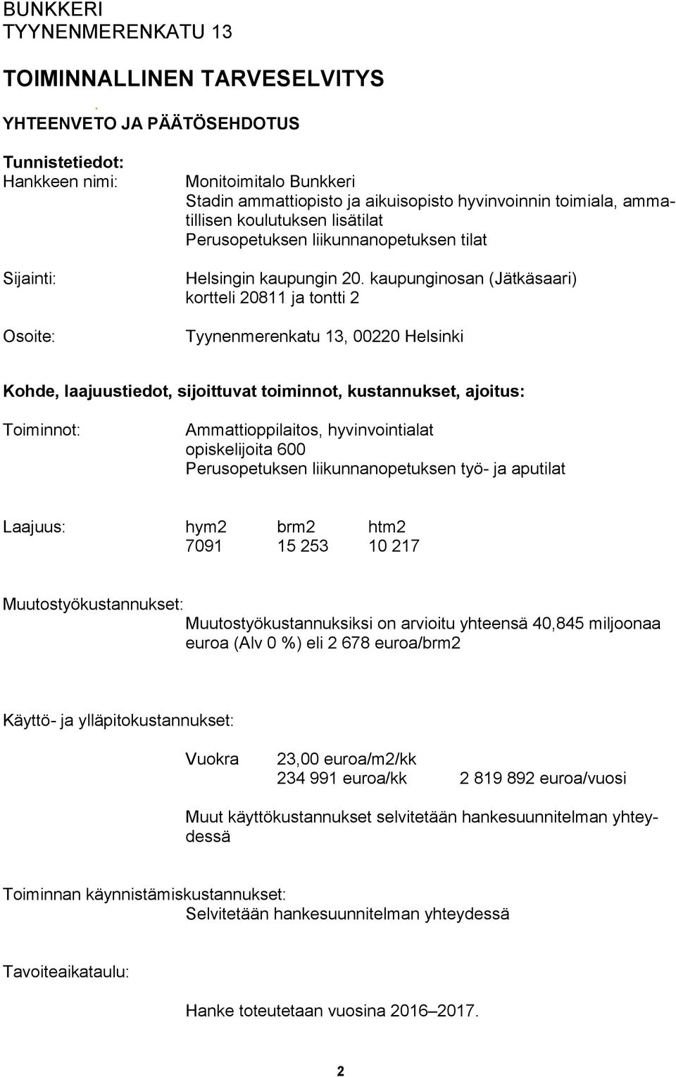 Perusopetuksen liikunnanopetuksen tilat Helsingin kaupungin 20.