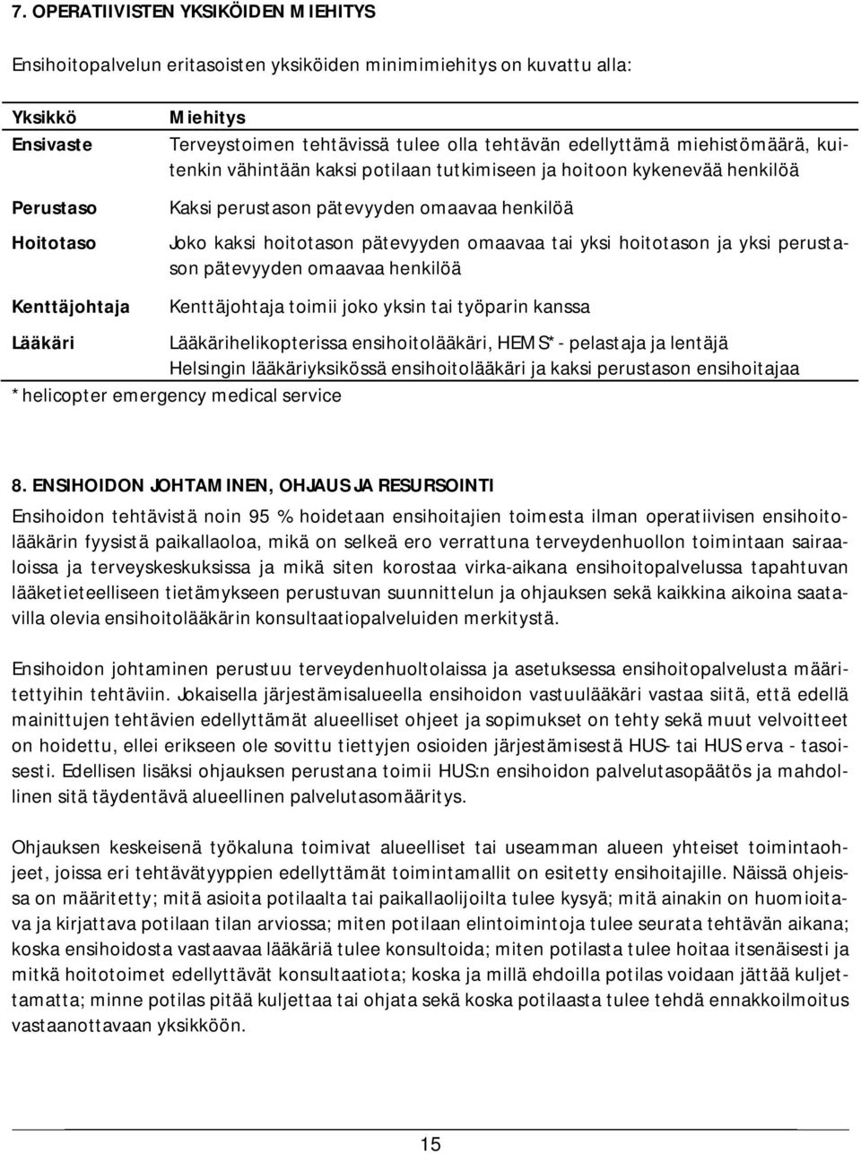 pätevyyden omaavaa tai yksi hoitotason ja yksi perustason pätevyyden omaavaa henkilöä Kenttäjohtaja toimii joko yksin tai työparin kanssa Lääkäri Lääkärihelikopterissa ensihoitolääkäri, HEMS*-