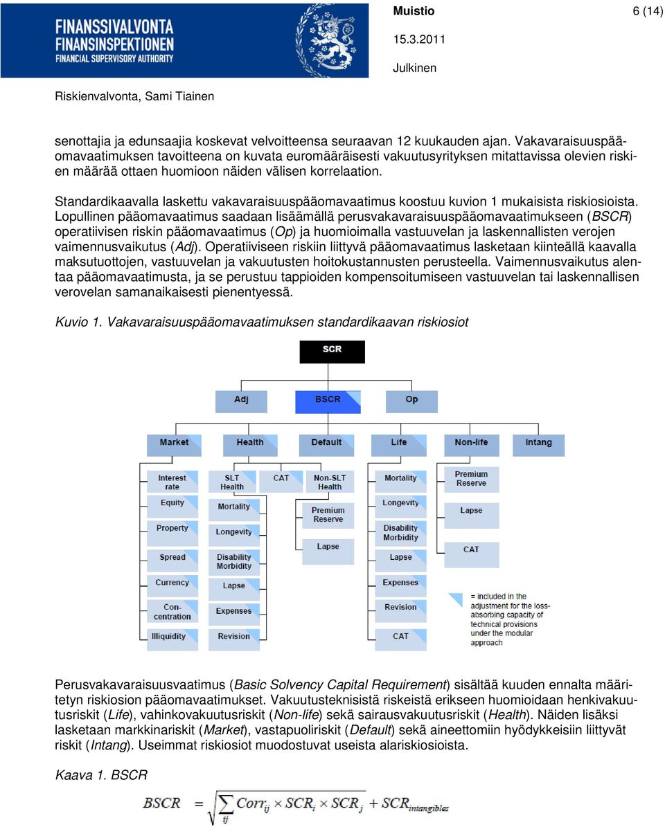 Standardikaavalla laskettu vakavaraisuuspääomavaatimus koostuu kuvion 1 mukaisista riskiosioista.