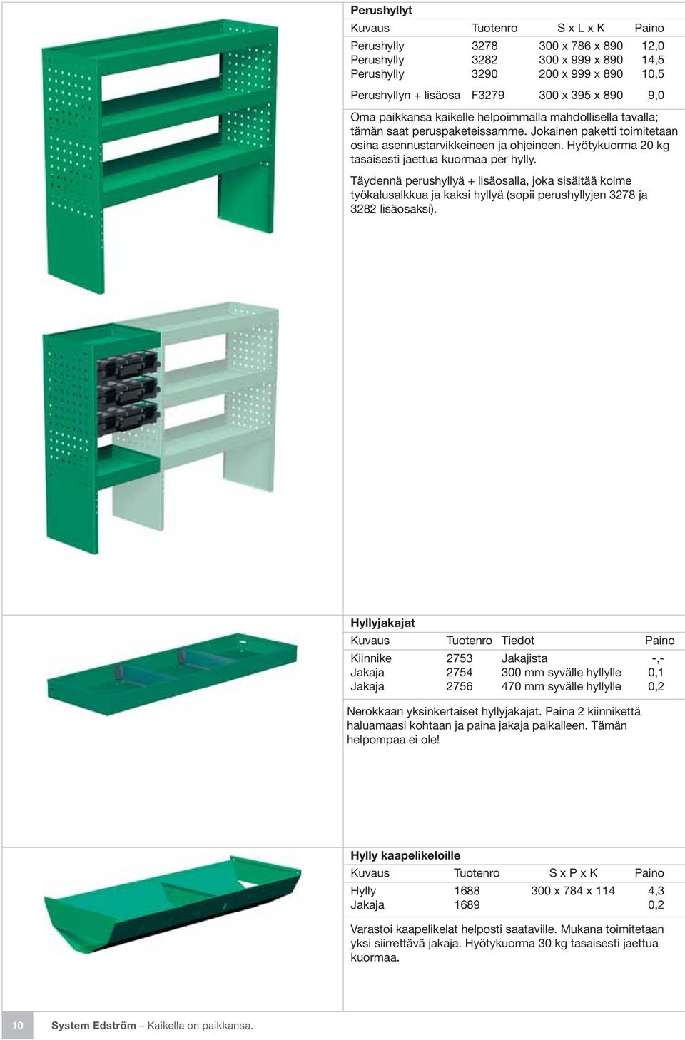 Hyötykuorma 20 kg tasaisesti jaettua kuormaa per hylly. Täydennä perushyllyä + lisäosalla, joka sisältää kolme työkalusalkkua ja kaksi hyllyä (sopii perushyllyjen 3278 ja 3282 lisäosaksi).